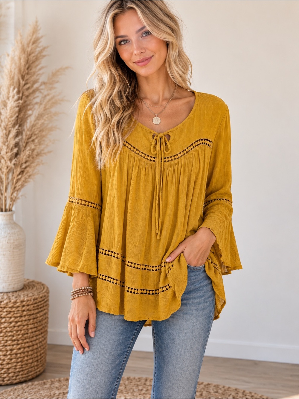 Cal Style Mustard Boho Tie-Front Tunic Top